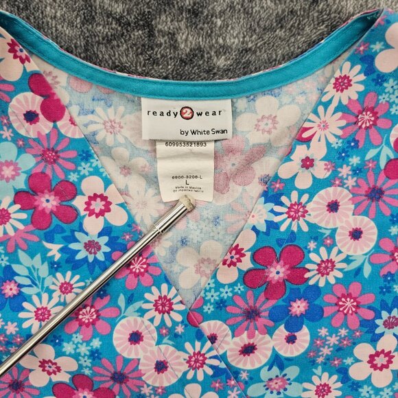Ready 2 Wear Medical Scrub top womens large blue pink floral print nurse SS - Picture 2 of 15